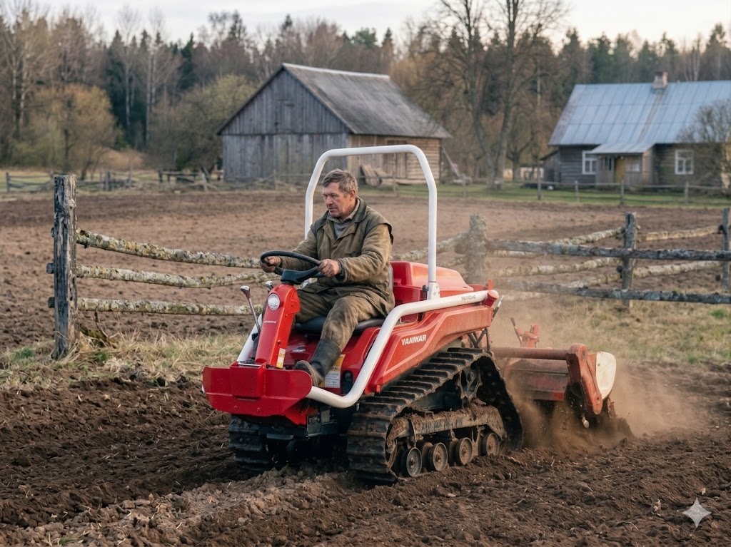 Yanmar AC-10 vikšrinis mini traktorius su dviejų stulpelių ROPS rėmu lietuviškoje sodyboje rudens rytą