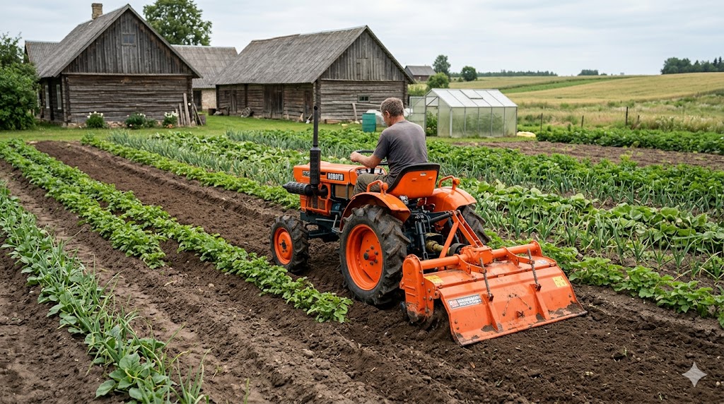 Kubota B7001 mini traktorius Lietuvos smulkiame ūkyje su padargu, tinkamas daržams, sodams ir sodyboms