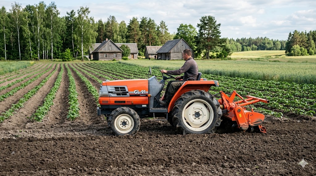 Kubota GL21 mini traktorius Lietuvos smulkiame ūkyje su padargu, tinkamas daržams, sodams ir sodyboms