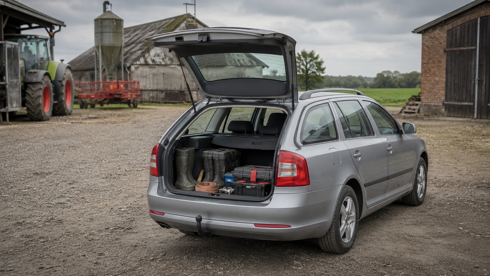 Škoda Octavia II 1.9 TDI universalas ūkininko kieme su atidaryta bagažine