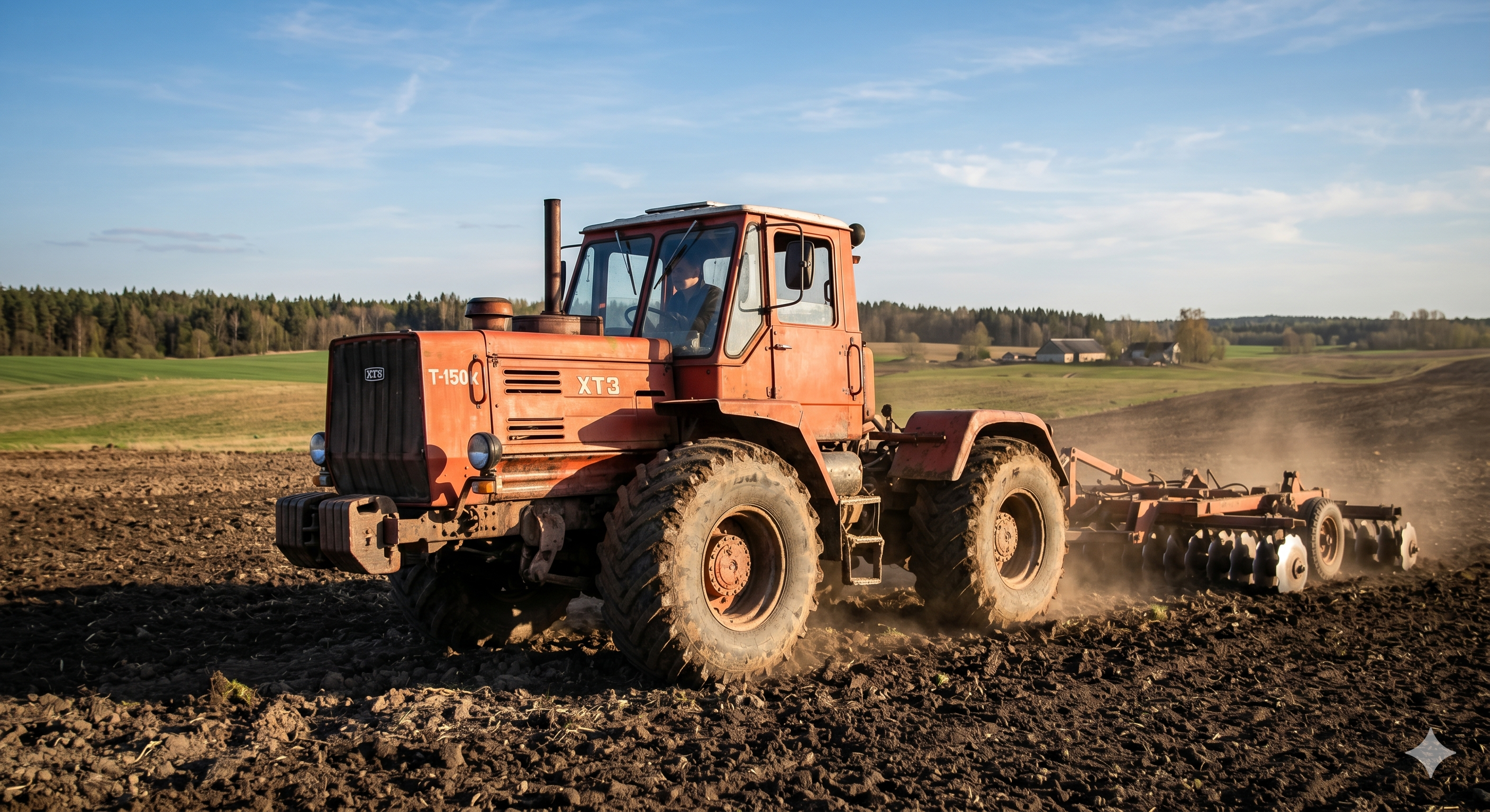 Modernizuotas ratinis traktorius T-150K su dvigubais ratais laukuose