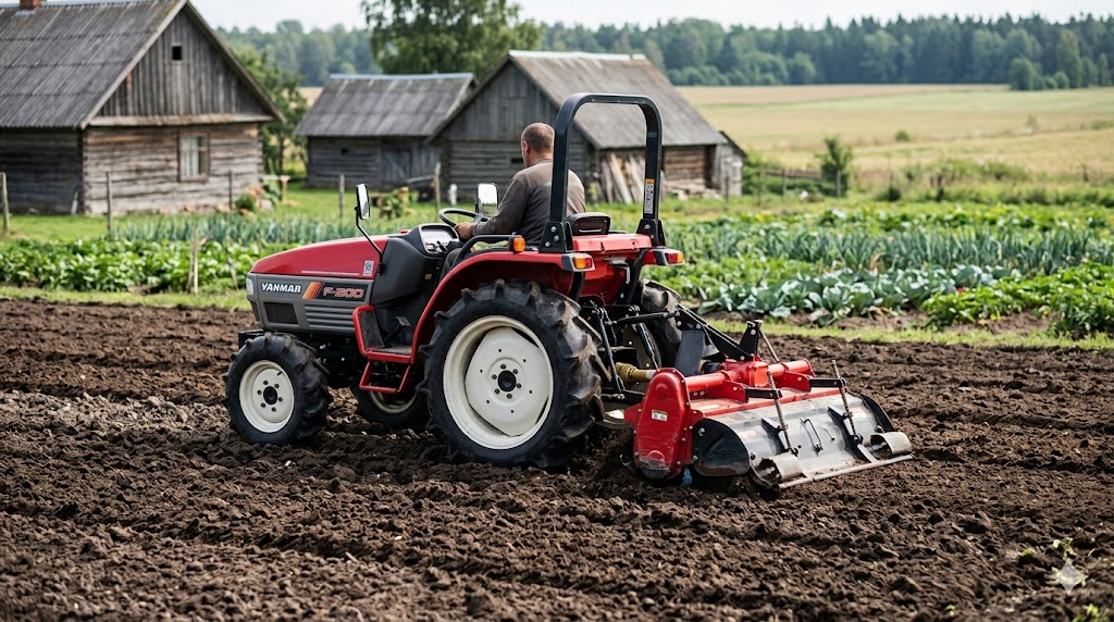 Yanmar F-200 mini traktorius Lietuvos smulkiame ūkyje su padargu, tinkamas daržams, sodams ir sodyboms