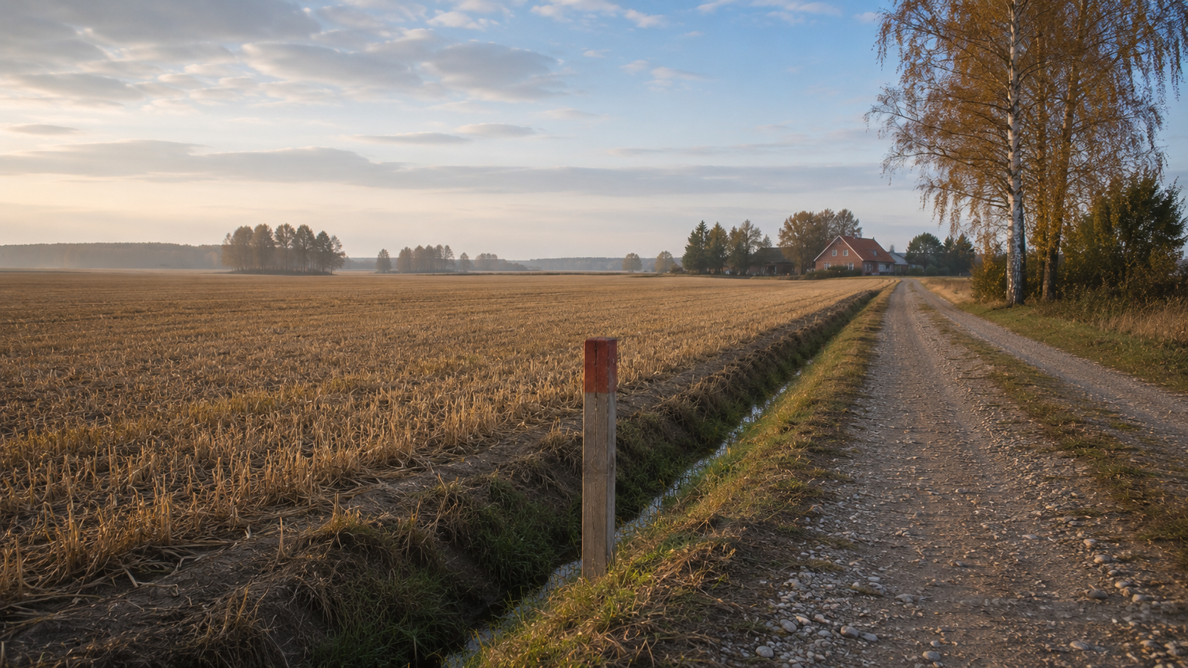 Žemės ūkio paskirties žemė Lietuvoje rudenį su ražienomis, sklypo riba, grioviu ir žvyrkeliu prie lauko